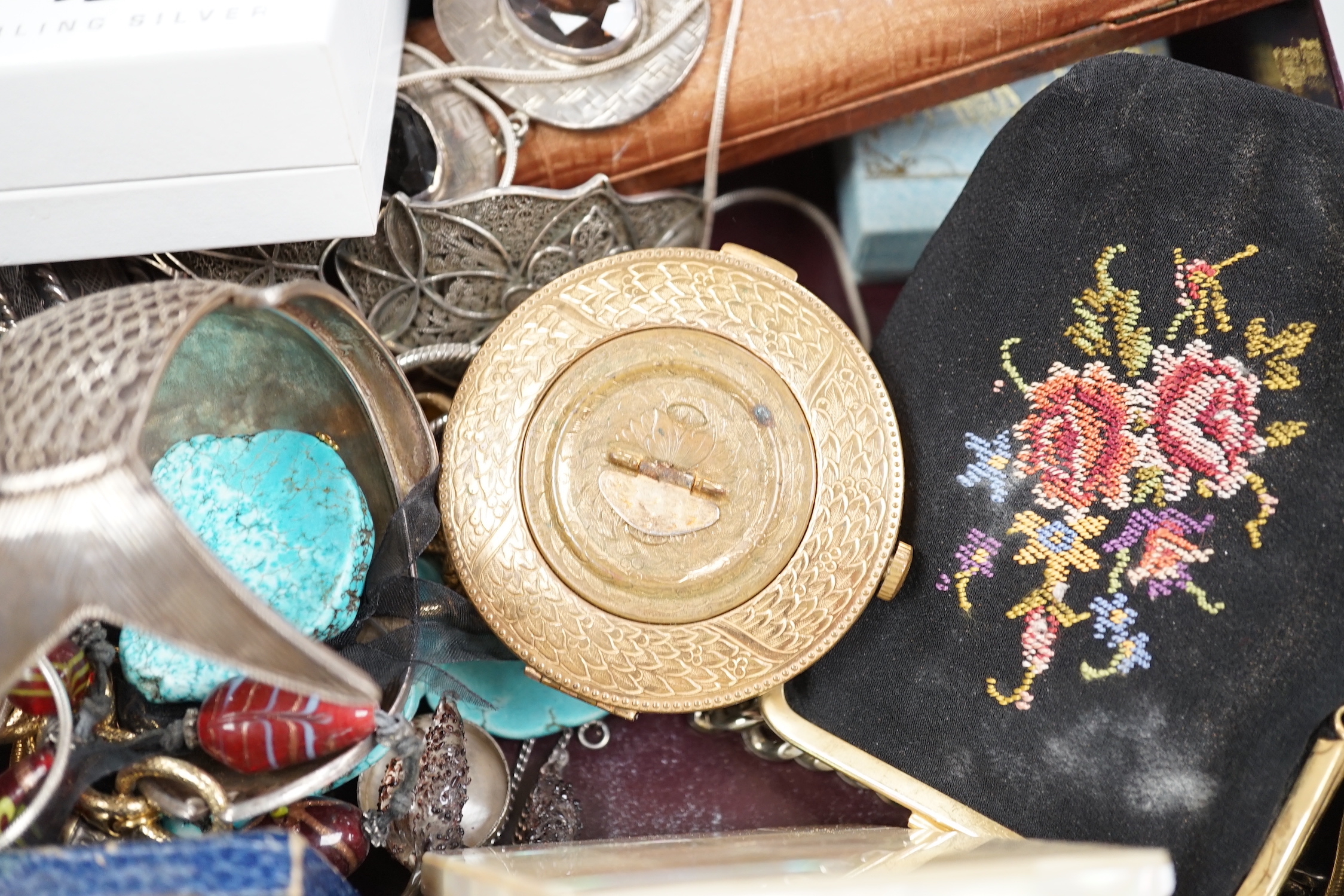 A group of assorted jewellery and white metal items etc., including filigree compact and bracelet, lipstick holder, Mexican sterling fruiting vine bracelet and Norwegian sterling ring.